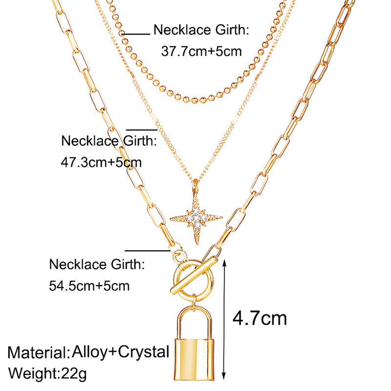 Marvellous AD Star Lock Gold Plated Multi Layers Necklace For Women - MySmartBazaar