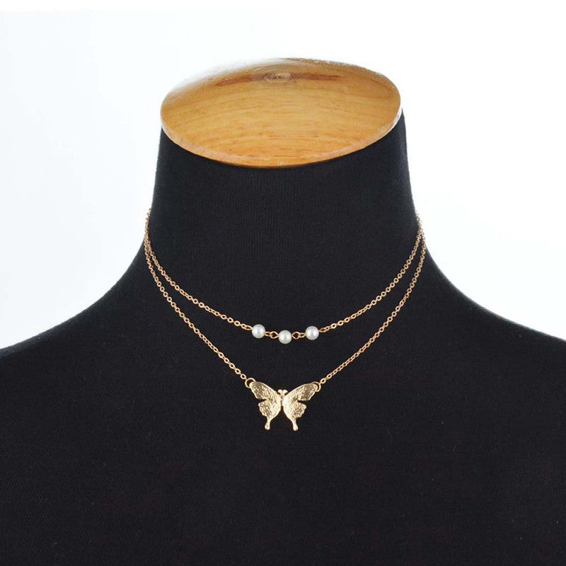 Tantalizing Pearl Butterfly Gold Plated Multi Layer Necklace For Women - MySmartBazaar