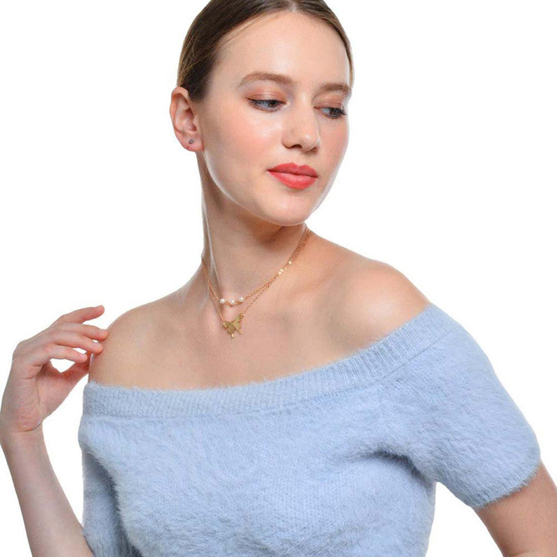 Tantalizing Pearl Butterfly Gold Plated Multi Layer Necklace For Women - MySmartBazaar