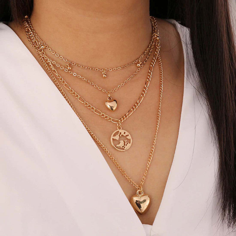Gracious Heart Design Gold Plated Layered Chain Necklace For Women - MySmartBazaar