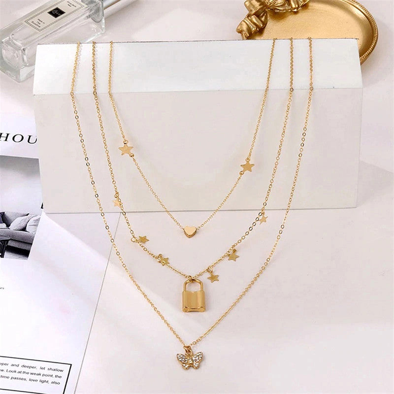 Gold Plated Butterfly inspired Layered Necklace For Women - MySmartBazaar