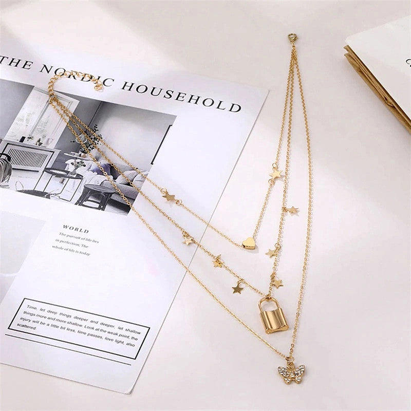 Gold Plated Butterfly inspired Layered Necklace For Women - MySmartBazaar