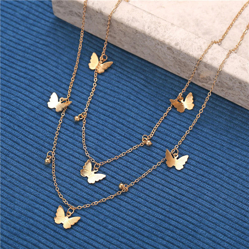 Gold Plated Butterfly inspired Layered Necklace For Women - MySmartBazaar