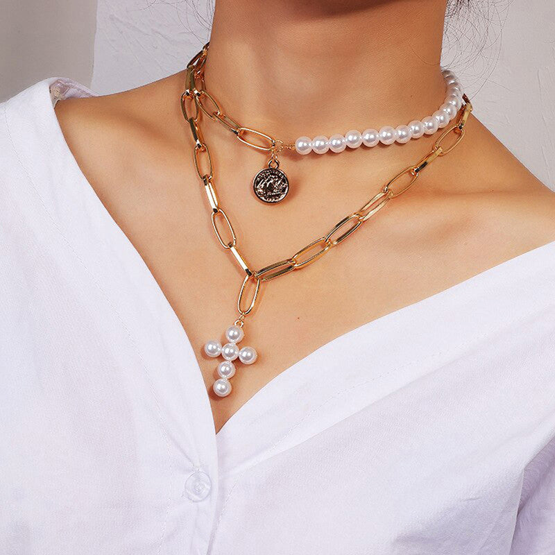 Gold-Toned Pearly White Layered Necklace For Women - MySmartBazaar