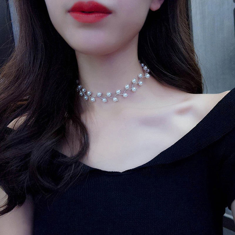 Pearl Studded Single Layer Silver Plated Necklace Jewellery For Women - MySmartBazaar