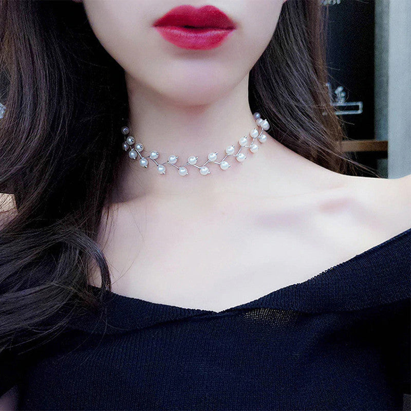 Pearl Studded Single Layer Silver Plated Necklace Jewellery For Women - MySmartBazaar