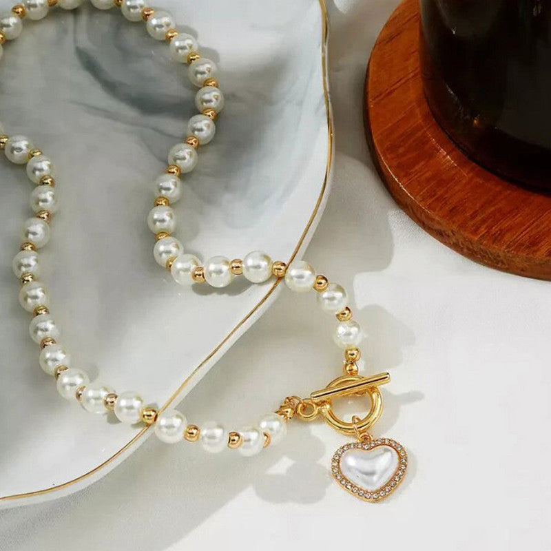 White Gold Plated Heart inspired Pearl Necklace For Women - MySmartBazaar
