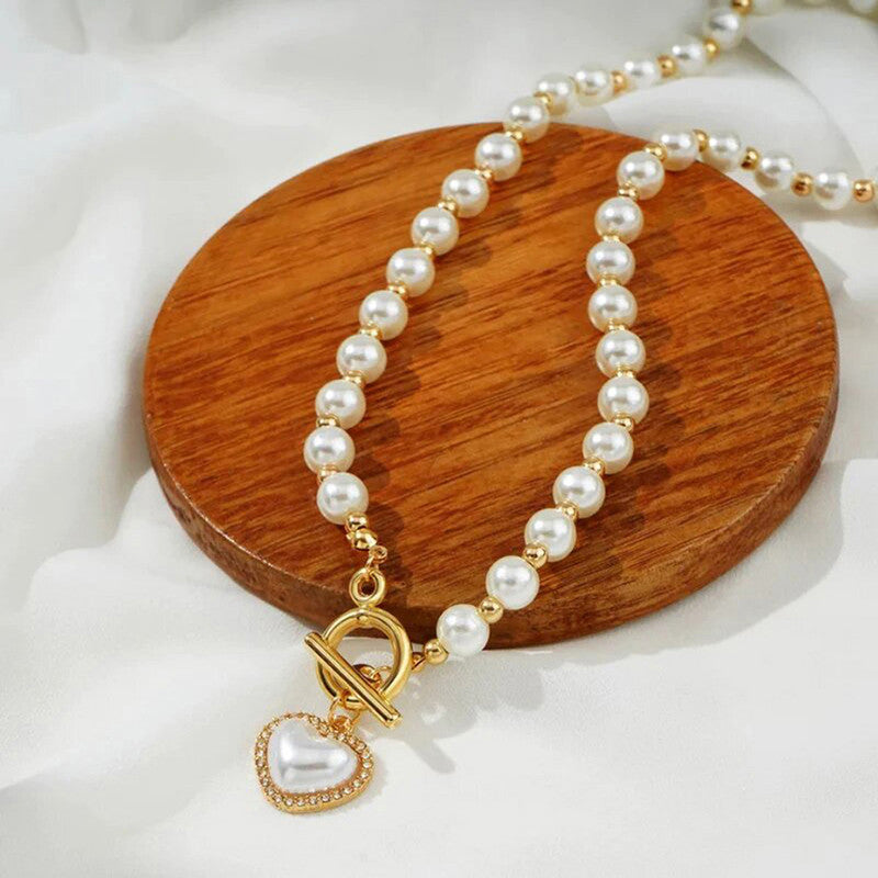 White Gold Plated Heart inspired Pearl Necklace For Women - MySmartBazaar