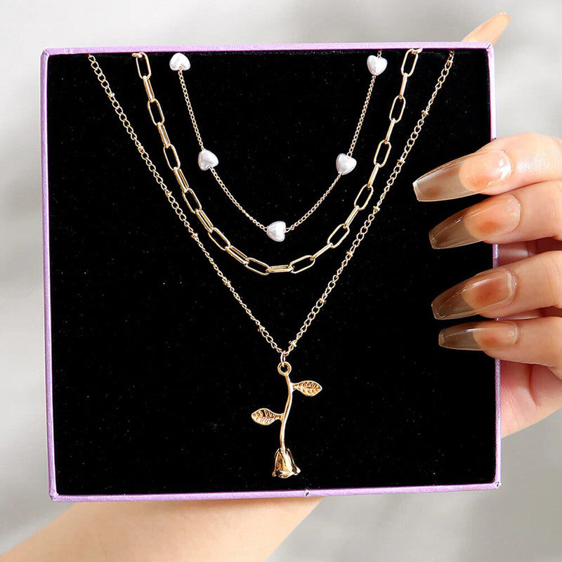 White Gold Plated Heart inspired Pearl Necklace with Rose Necklace For Women - MySmartBazaar