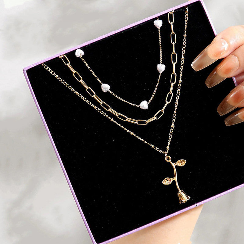 White Gold Plated Heart inspired Pearl Necklace with Rose Necklace For Women - MySmartBazaar