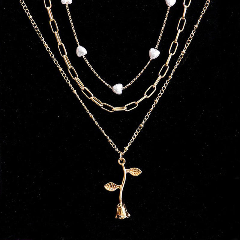 White Gold Plated Heart inspired Pearl Necklace with Rose Necklace For Women - MySmartBazaar