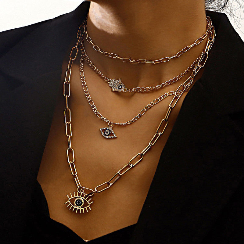 Gold Plated Gold-Toned Evil Eye and Buddha Hand Layered Necklace For Women - MySmartBazaar