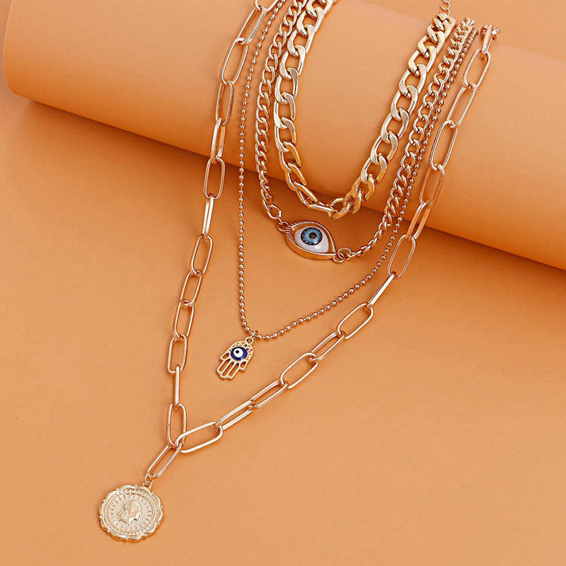 Gold Plated Gold-Toned Evil Eye and Buddha Hand Layered Necklace For Women - MySmartBazaar