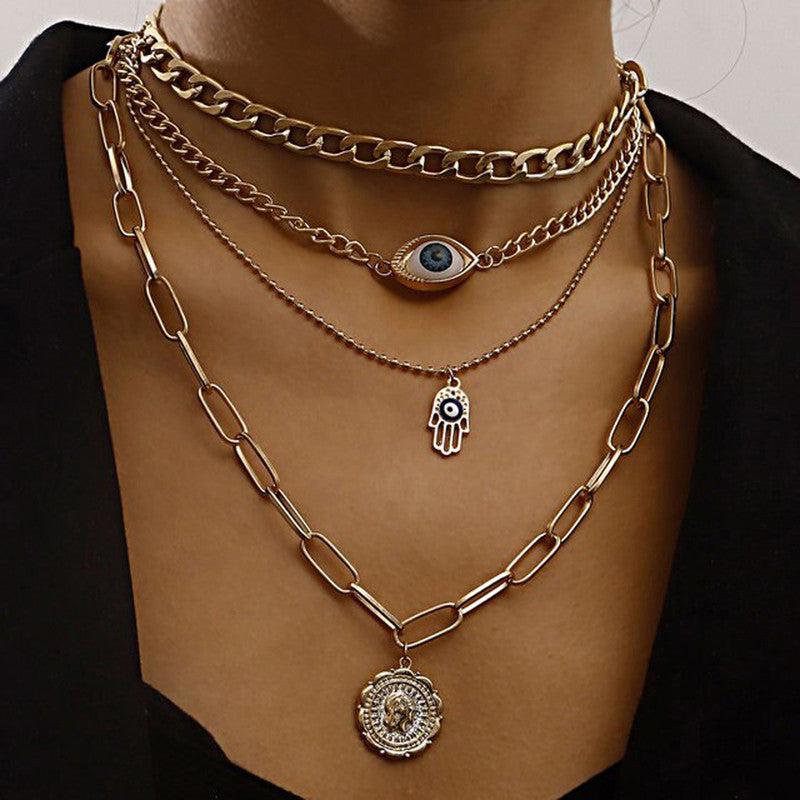 Gold Plated Gold-Toned Evil Eye and Buddha Hand Layered Necklace For Women - MySmartBazaar