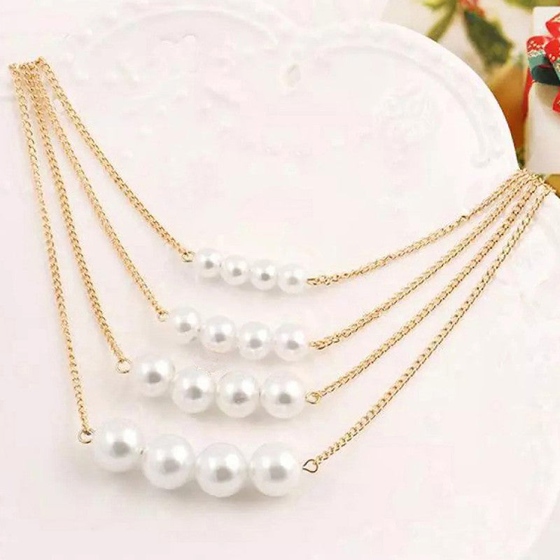 White Gold Plated Pearl Studded Multi-Strand Layered Necklace For Women - MySmartBazaar