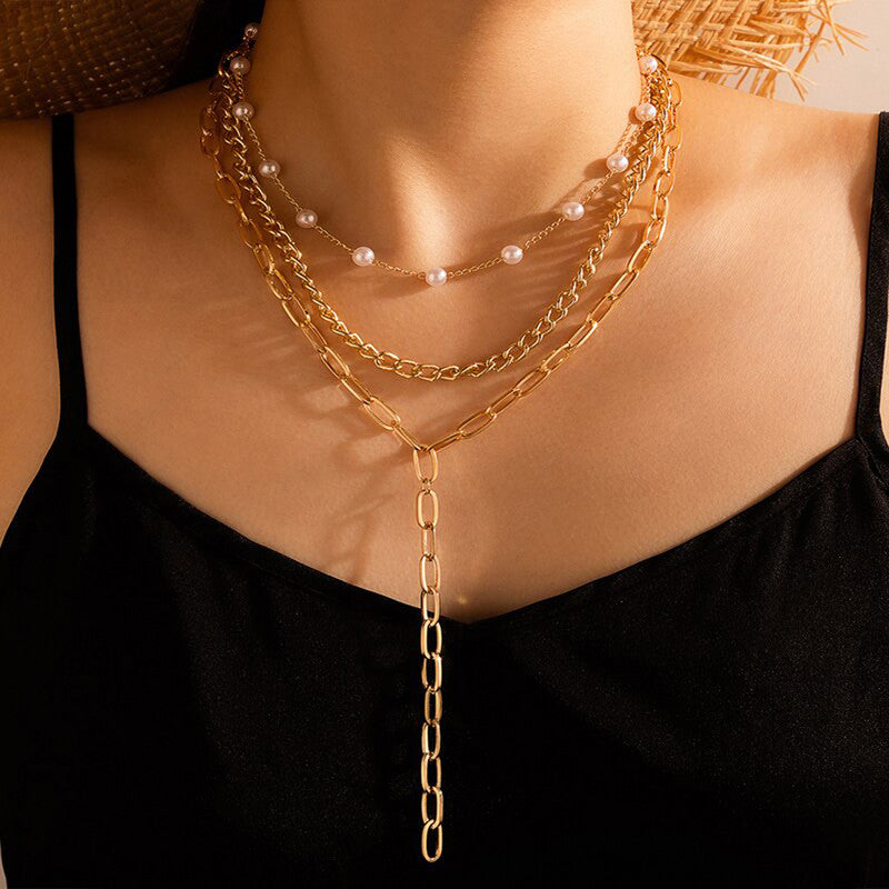 Gold Plated White Pearl Studded Multi-Strand Long Layered Necklace For Women - MySmartBazaar