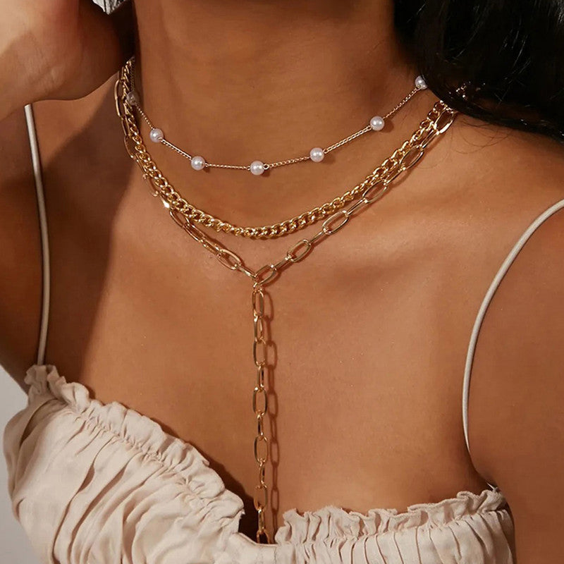 Gold Plated White Pearl Studded Multi-Strand Long Layered Necklace For Women - MySmartBazaar