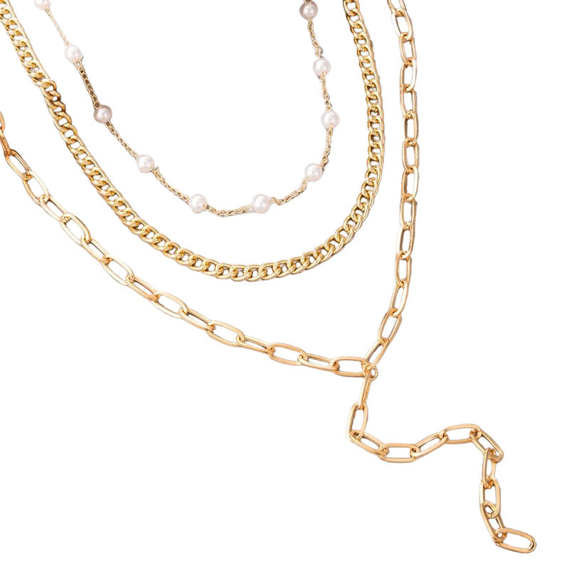 Gold Plated White Pearl Studded Multi-Strand Long Layered Necklace For Women - MySmartBazaar