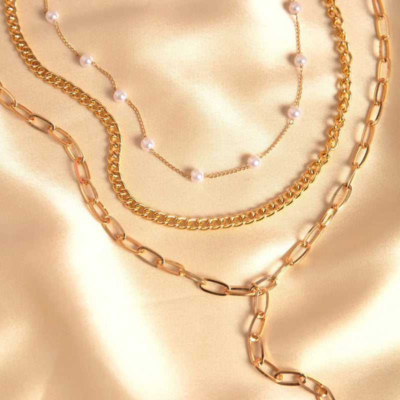 Gold Plated White Pearl Studded Multi-Strand Long Layered Necklace For Women - MySmartBazaar