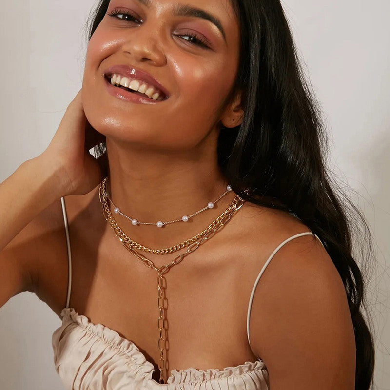 Gold Plated White Pearl Studded Multi-Strand Long Layered Necklace For Women - MySmartBazaar