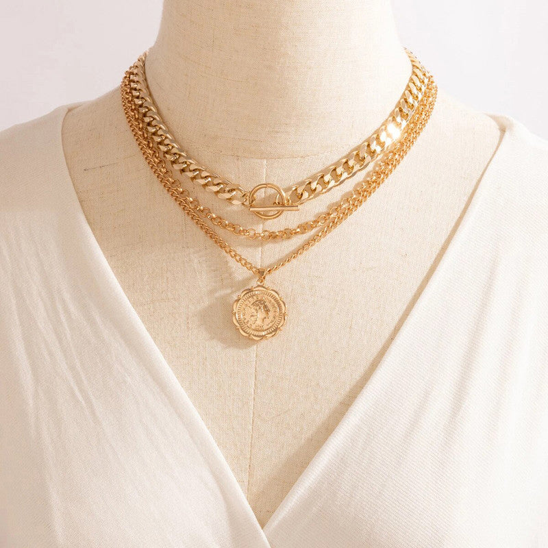 Gold-Plated Gold Toned Multi Layer Coin Layered Necklace Pack of 3 For Women - MySmartBazaar