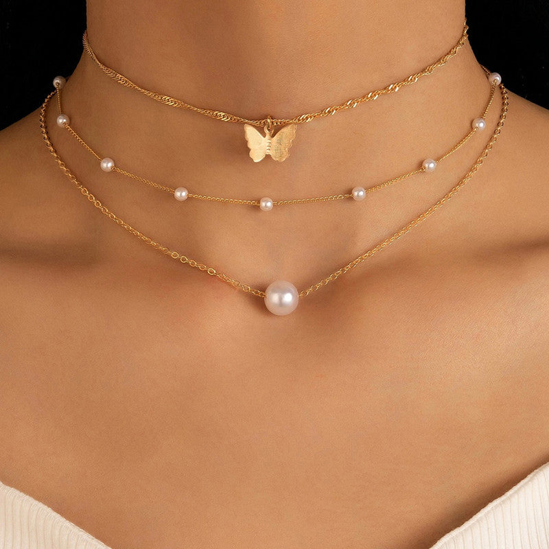 White Gold-Plated Multi Layer Pearl-Butterfly Layered Necklace Pack of 3 For Women - MySmartBazaar