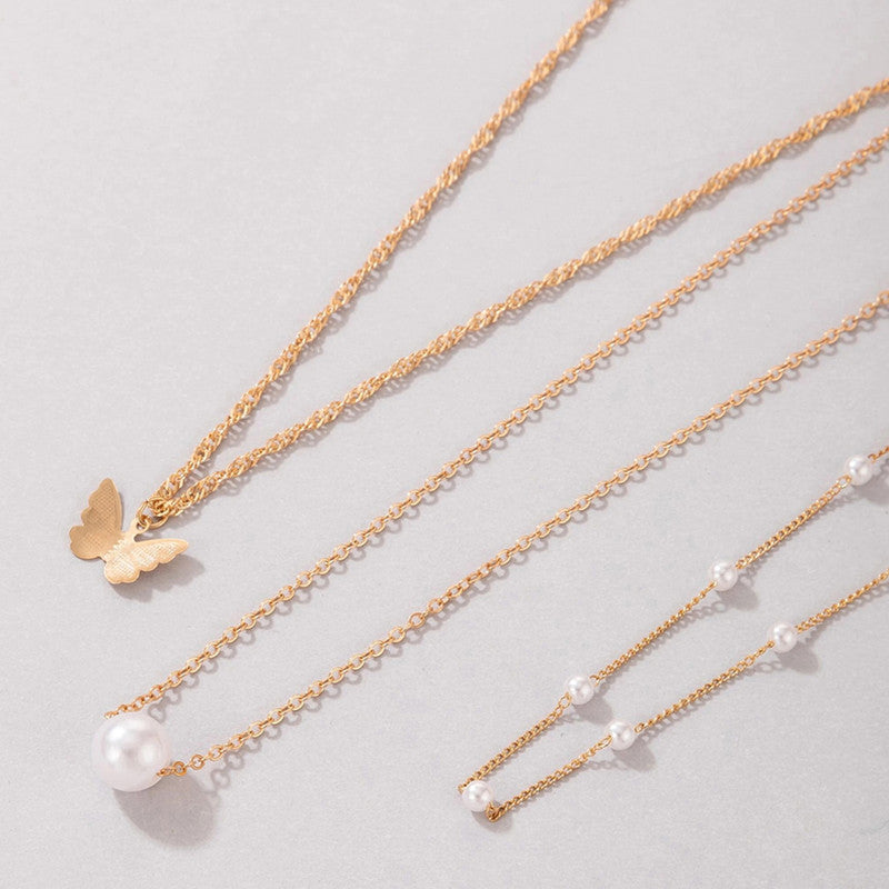 White Gold-Plated Multi Layer Pearl-Butterfly Layered Necklace Pack of 3 For Women - MySmartBazaar