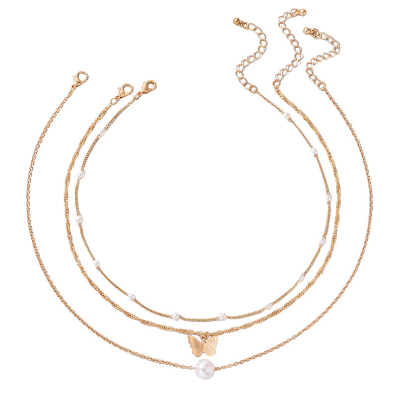 White Gold-Plated Multi Layer Pearl-Butterfly Layered Necklace Pack of 3 For Women - MySmartBazaar