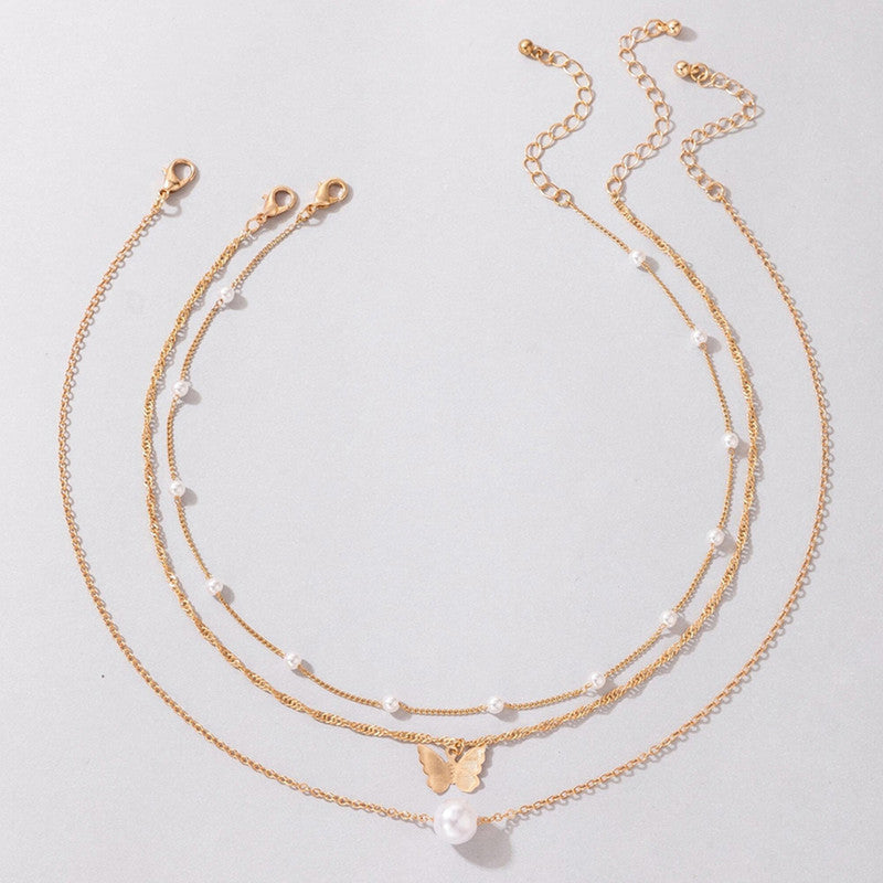 White Gold-Plated Multi Layer Pearl-Butterfly Layered Necklace Pack of 3 For Women - MySmartBazaar