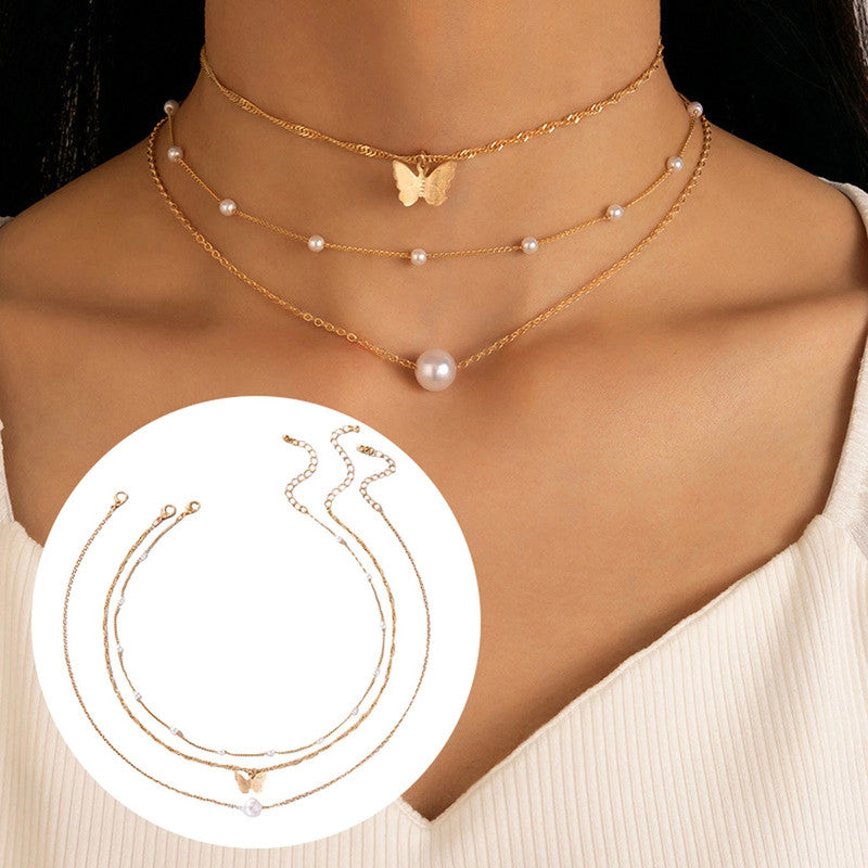 White Gold-Plated Multi Layer Pearl-Butterfly Layered Necklace Pack of 3 For Women - MySmartBazaar
