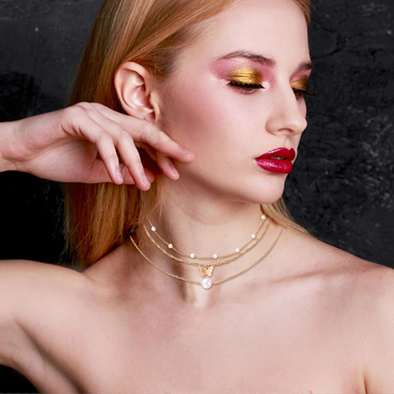 White Gold-Plated Multi Layer Pearl-Butterfly Layered Necklace Pack of 3 For Women - MySmartBazaar