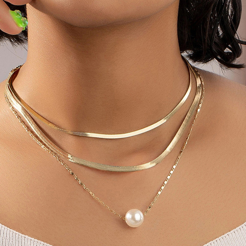 Gold-Plated Gold Toned Pearl Studded Layered Necklace For Women - MySmartBazaar