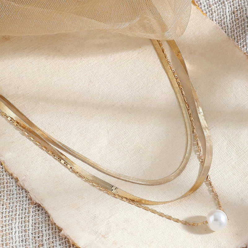 Gold-Plated Gold Toned Pearl Studded Layered Necklace For Women - MySmartBazaar