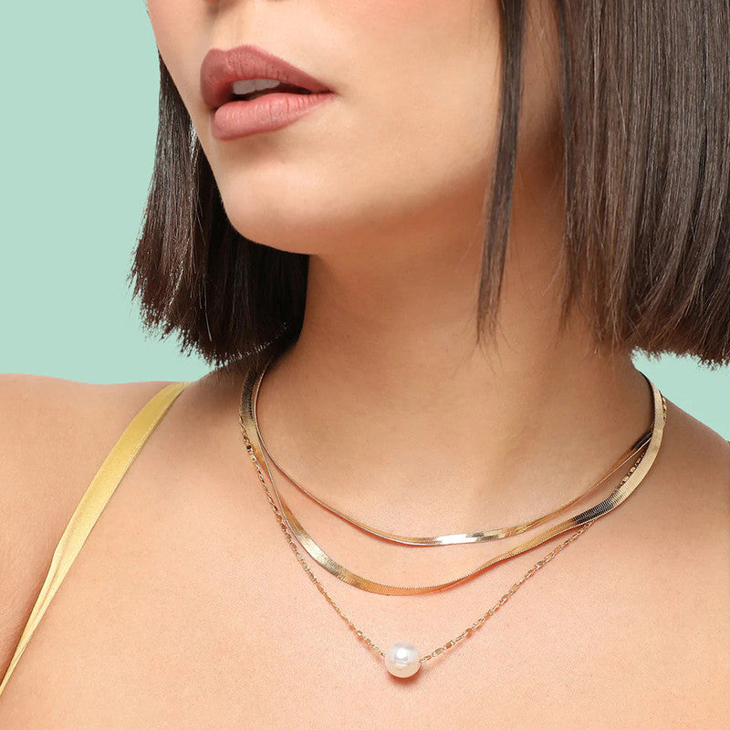 Gold-Plated Gold Toned Pearl Studded Layered Necklace For Women - MySmartBazaar