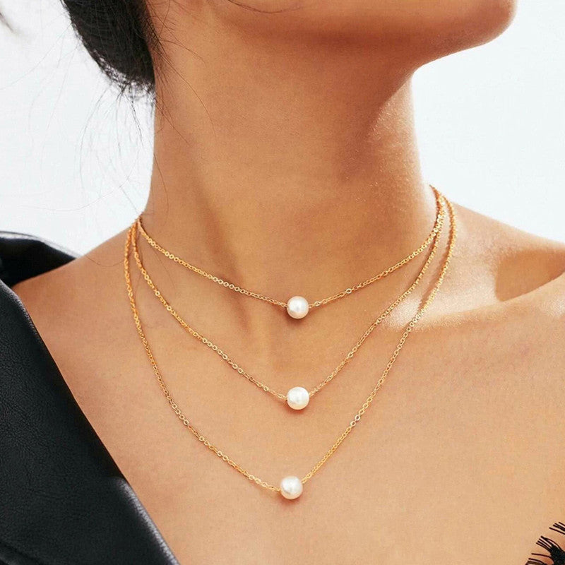 White Gold Plated Pearl Studded Layered Necklace For Women - MySmartBazaar