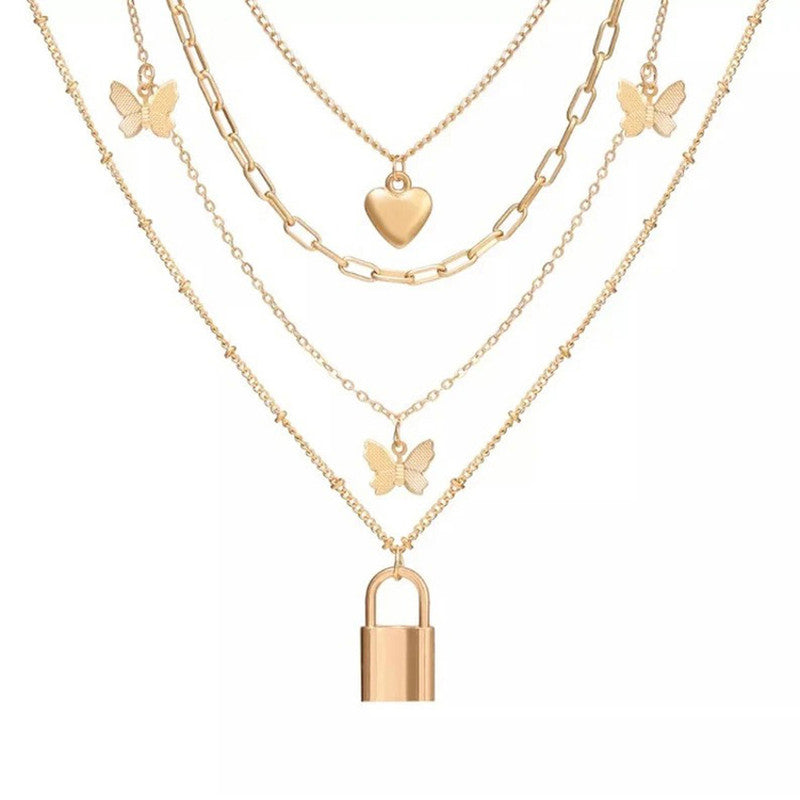 Gold Plated Gold-Toned Heart-Butterfly Layered Necklace For Women - MySmartBazaar