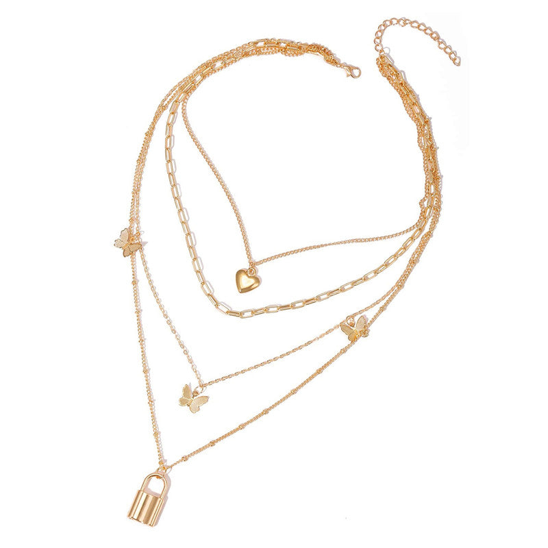 Gold Plated Gold-Toned Heart-Butterfly Layered Necklace For Women - MySmartBazaar