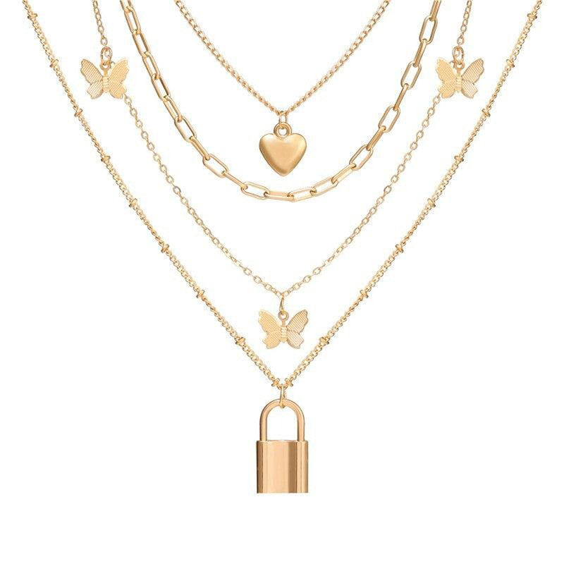 Gold Plated Gold-Toned Heart-Butterfly Layered Necklace For Women - MySmartBazaar