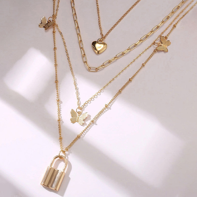 Gold Plated Gold-Toned Heart-Butterfly Layered Necklace For Women - MySmartBazaar