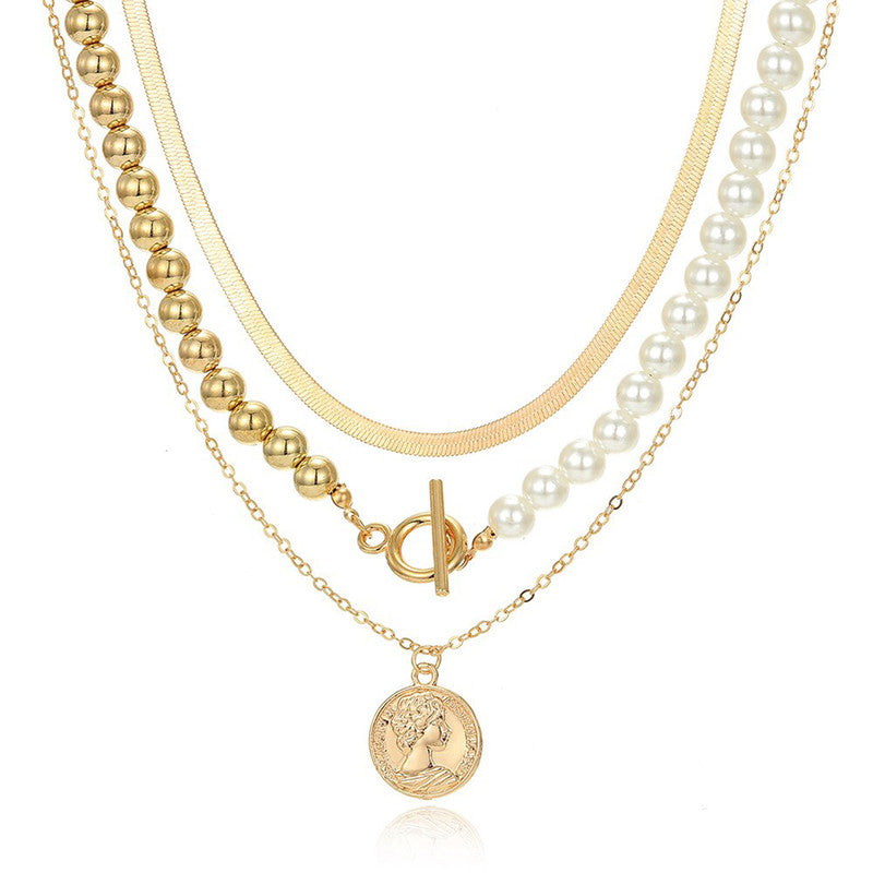 Gold Plated Coin Collection Pearl Studded Layered Necklace For Women - MySmartBazaar