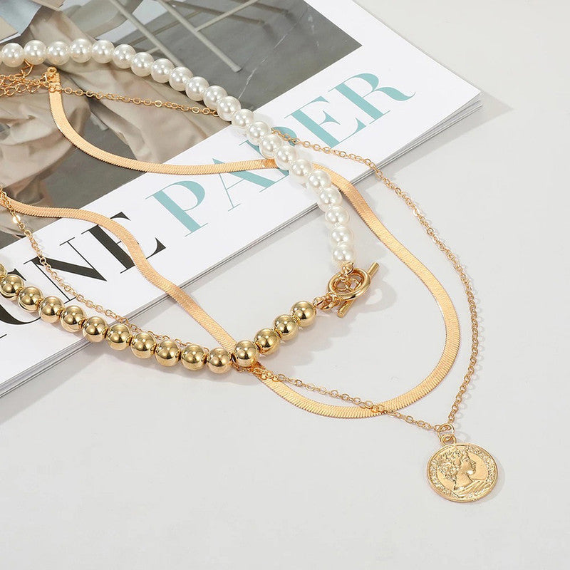 Gold Plated Coin Collection Pearl Studded Layered Necklace For Women - MySmartBazaar