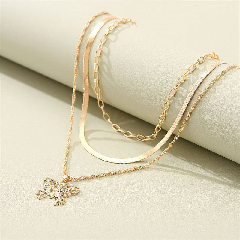 Gold Plated Butterfly inspired Layered Necklace For Women - MySmartBazaar