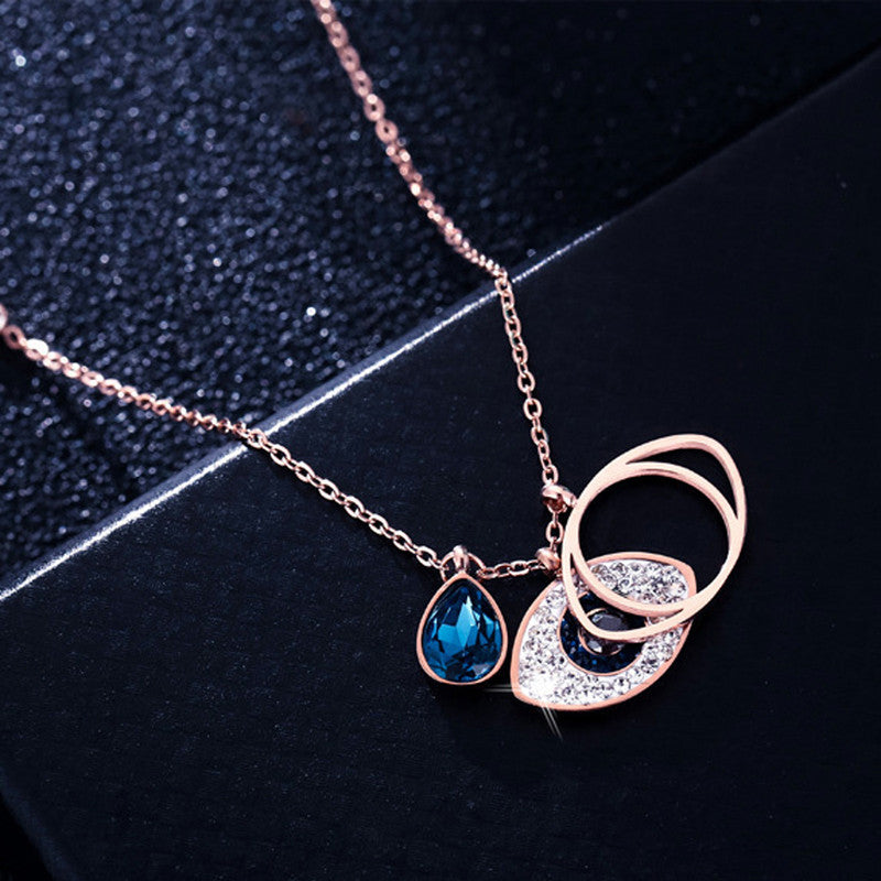 Stainless Steel Rose Gold Plated American Diamond Studded Evil Eye Pendant Necklace - MySmartBazaar