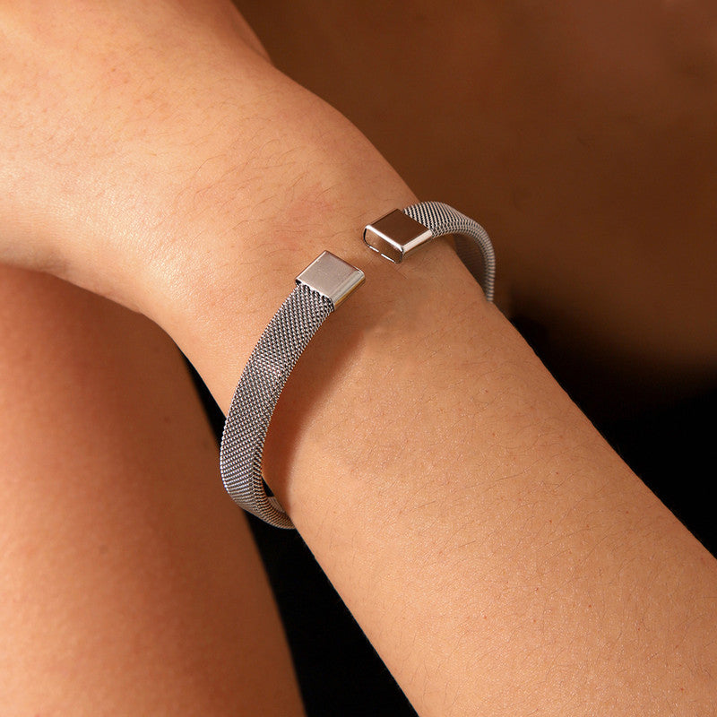 Silver Plated Stainless Steel Anti Tarnish Mesh Statement Cuff Bracelet For Men