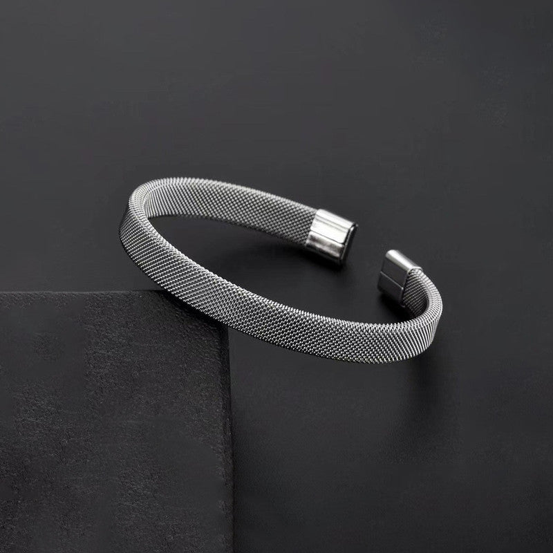 Silver Plated Stainless Steel Anti Tarnish Mesh Statement Cuff Bracelet For Men