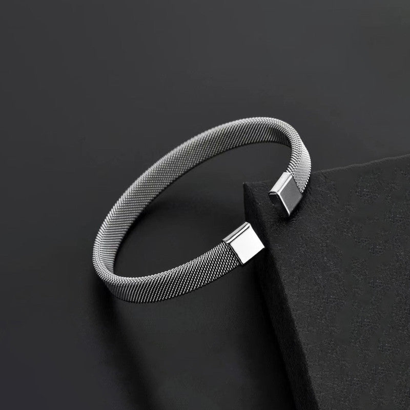 Silver Plated Stainless Steel Anti Tarnish Mesh Statement Cuff Bracelet For Men