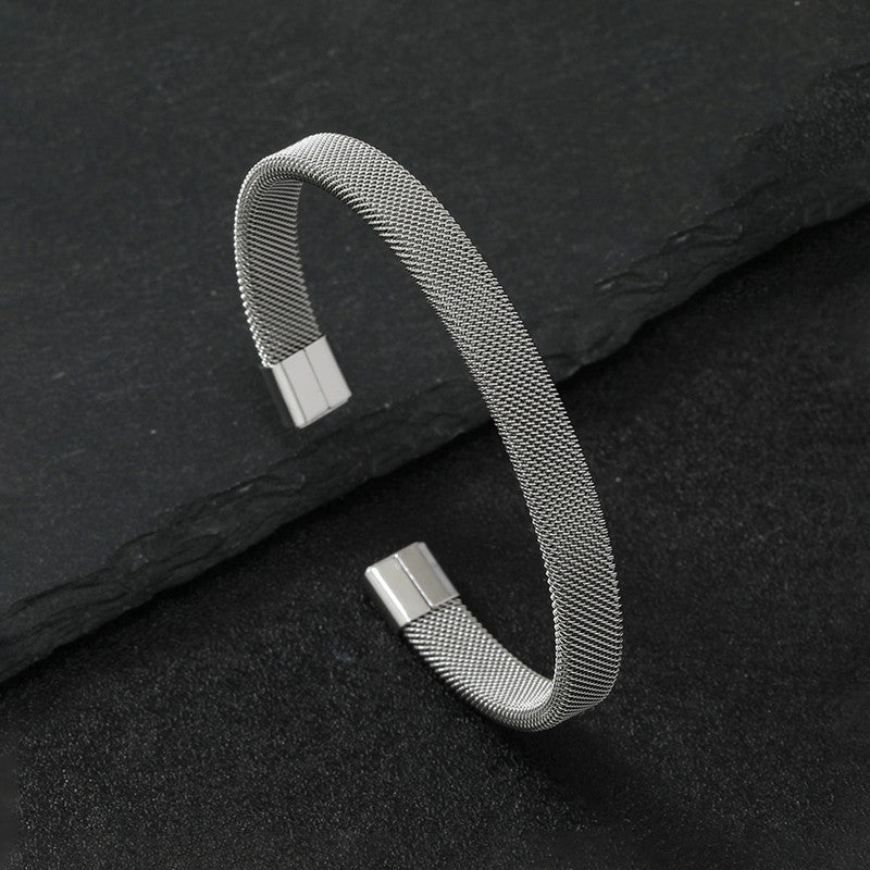 Silver Plated Stainless Steel Anti Tarnish Mesh Statement Cuff Bracelet For Men
