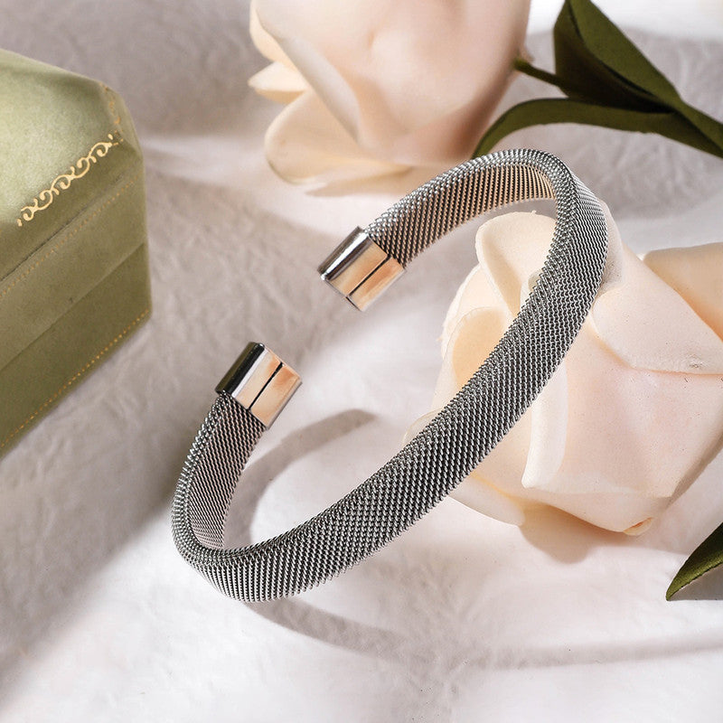 Silver Plated Stainless Steel Anti Tarnish Mesh Statement Cuff Bracelet For Men