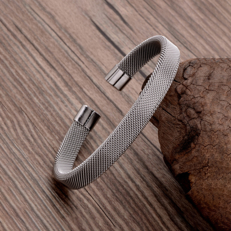 Silver Plated Stainless Steel Anti Tarnish Mesh Statement Cuff Bracelet For Men