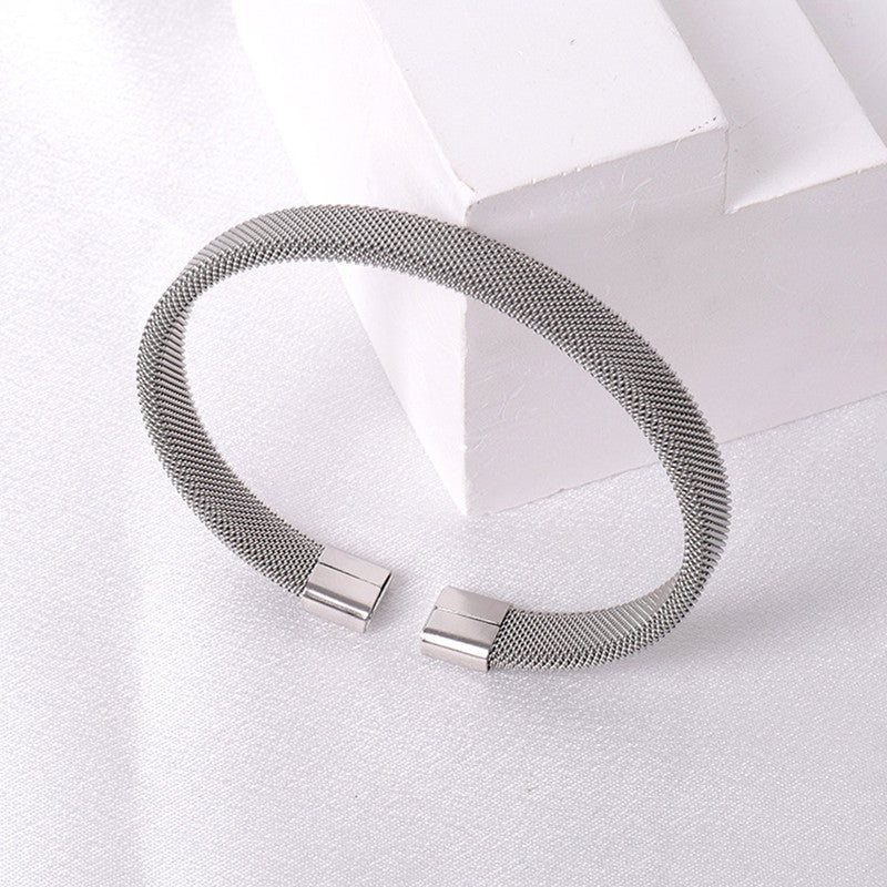 Silver Plated Stainless Steel Anti Tarnish Mesh Statement Cuff Bracelet For Men